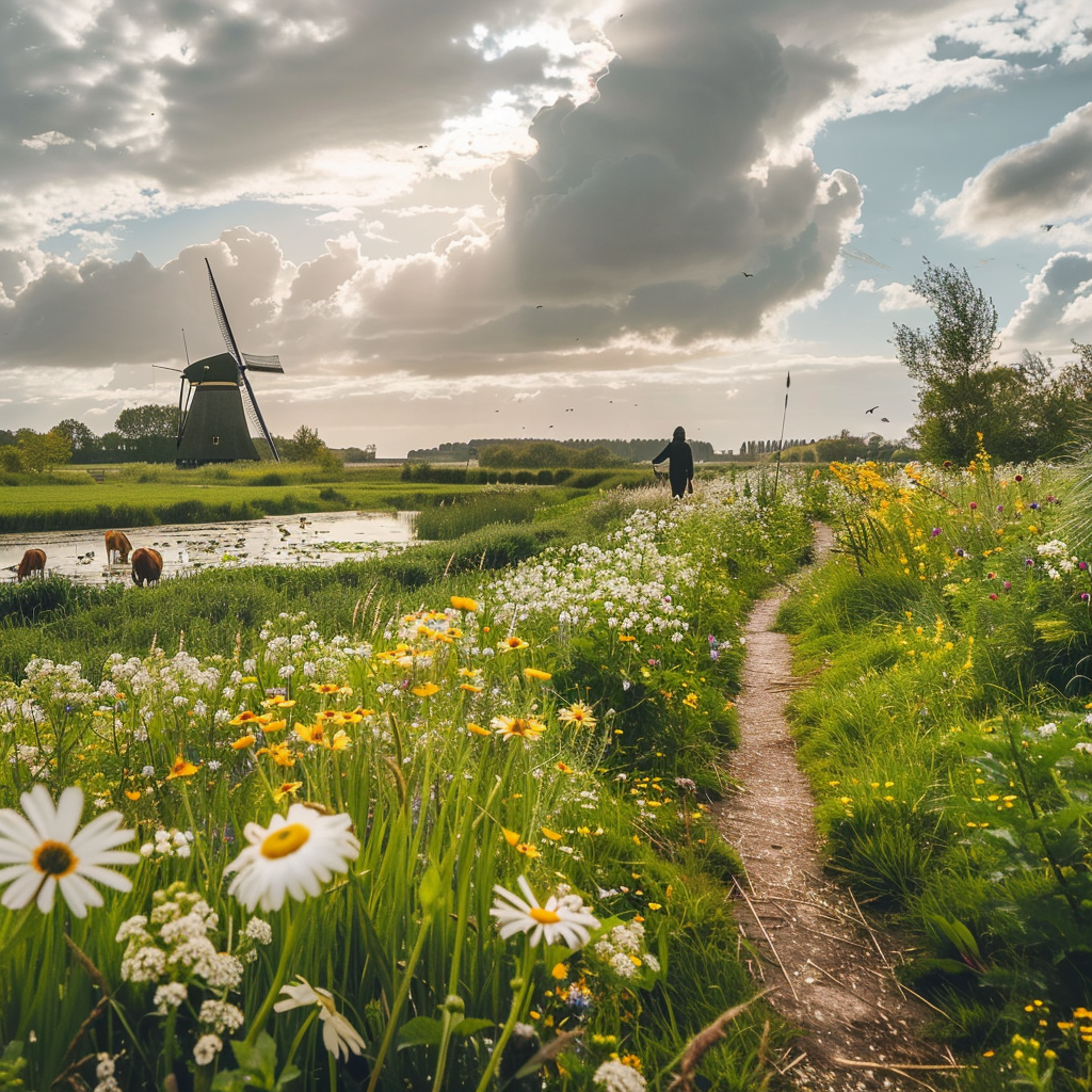 A serene Dutch countryside scene where a solitary person is walking on a narrow path beside a lush green meadow, with diverse seasonal flowers blooming around. The sky is cloudy with a hint of sunlight breaking through, creating a reflective, peaceful atmosphere. The person is slightly out of focus to emphasize the vastness and tranquility of the surroundings. A windmill stands in the distance, subtly blending into the landscape, as cows graze lazily nearby, bringing a sense of community and connection to nature. The overall composition should evoke introspection and exploration of life's purpose in harmony with nature. Blog photo, shot with a Nikon D850 camera. The image should have imperfections that add to its authenticity and avoid looking like a polished stock photo. --ar 5:2 --style raw