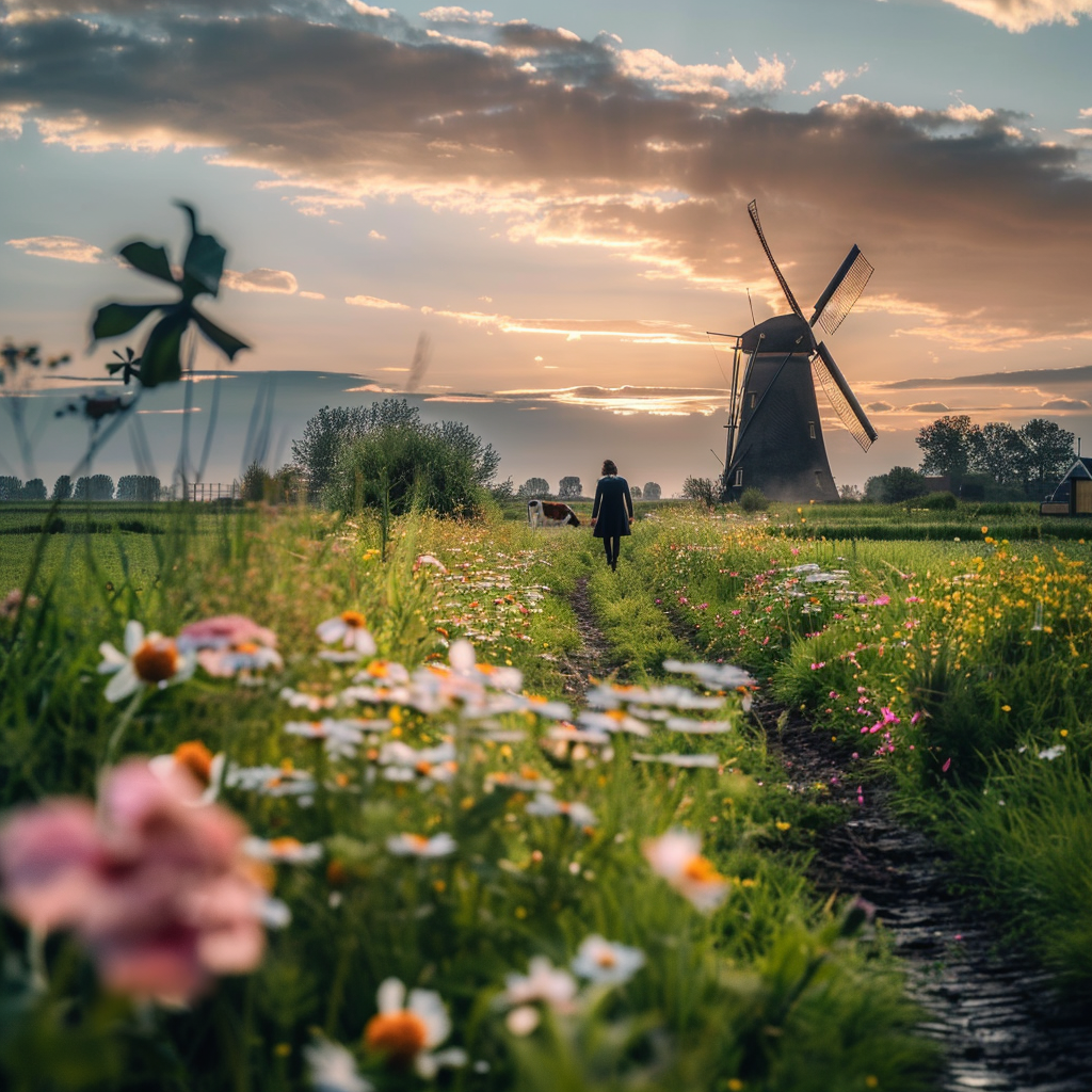 A serene Dutch countryside scene where a solitary person is walking on a narrow path beside a lush green meadow, with diverse seasonal flowers blooming around. The sky is cloudy with a hint of sunlight breaking through, creating a reflective, peaceful atmosphere. The person is slightly out of focus to emphasize the vastness and tranquility of the surroundings. A windmill stands in the distance, subtly blending into the landscape, as cows graze lazily nearby, bringing a sense of community and connection to nature. The overall composition should evoke introspection and exploration of life's purpose in harmony with nature. Blog photo, shot with a Nikon D850 camera. The image should have imperfections that add to its authenticity and avoid looking like a polished stock photo. --ar 5:2 --style raw