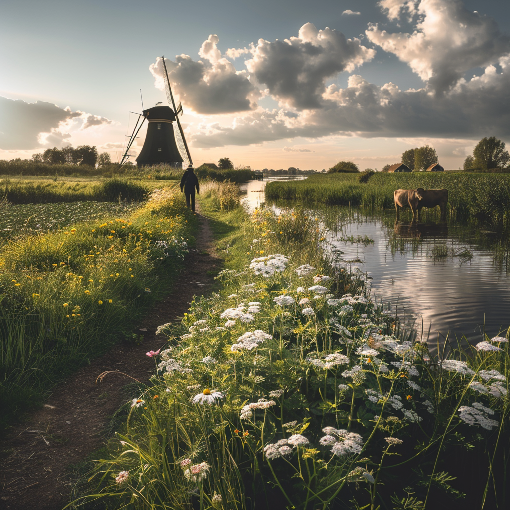 A serene Dutch countryside scene where a solitary person is walking on a narrow path beside a lush green meadow, with diverse seasonal flowers blooming around. The sky is cloudy with a hint of sunlight breaking through, creating a reflective, peaceful atmosphere. The person is slightly out of focus to emphasize the vastness and tranquility of the surroundings. A windmill stands in the distance, subtly blending into the landscape, as cows graze lazily nearby, bringing a sense of community and connection to nature. The overall composition should evoke introspection and exploration of life's purpose in harmony with nature. Blog photo, shot with a Nikon D850 camera. The image should have imperfections that add to its authenticity and avoid looking like a polished stock photo. --ar 5:2 --style raw