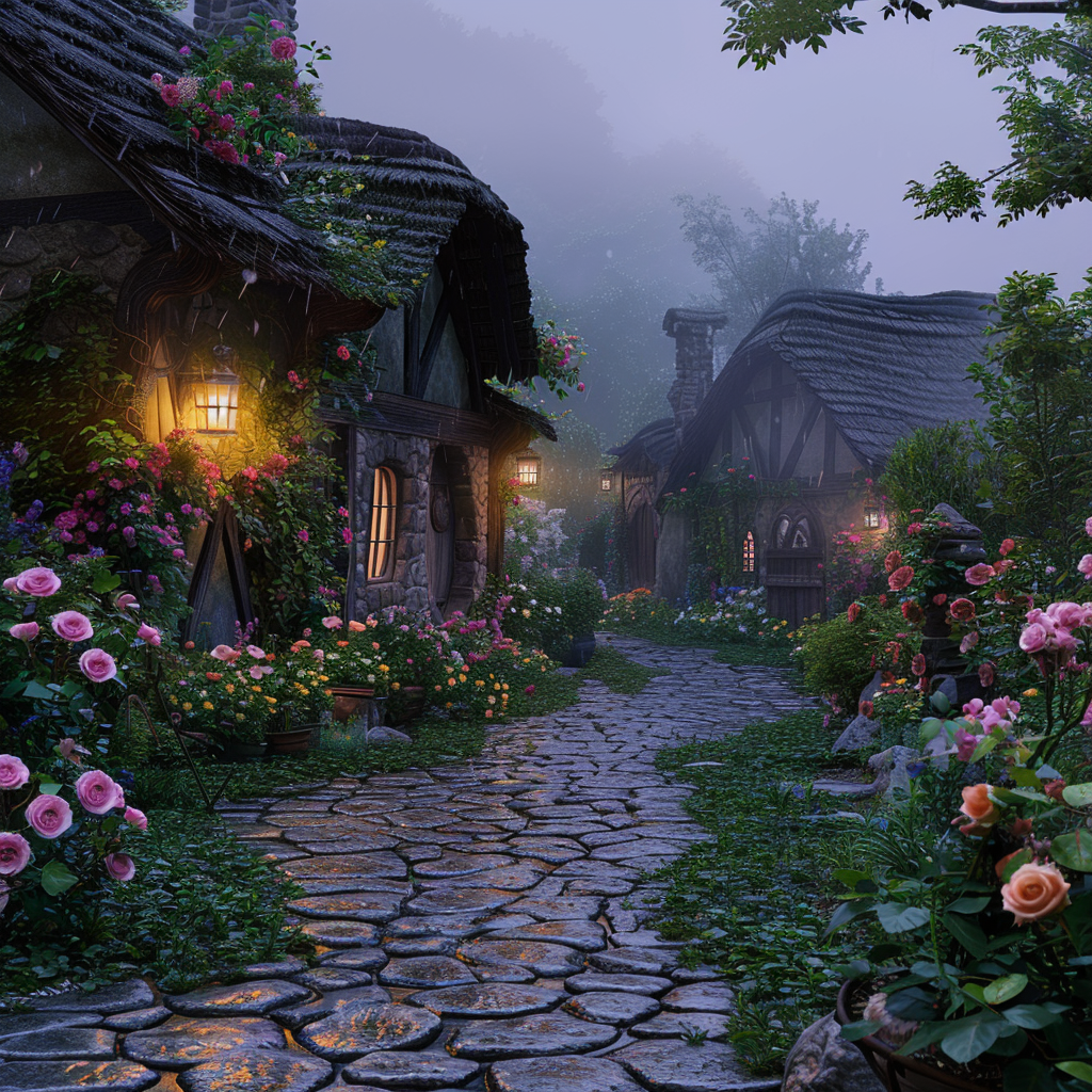 The small village in the mountains is full of roses, wildflowers and various flowers. There is an old thatched cottage with lights on inside. The stone road leads to the entrance, which reflects soft light from lanterns hanging outside. It had been raining heavily just now, but it had draped over everything like misty raindrops. A wideangle lens captures this beautiful scenery. This photo showcases exquisite details and high definition photography style in the style of impressionism.