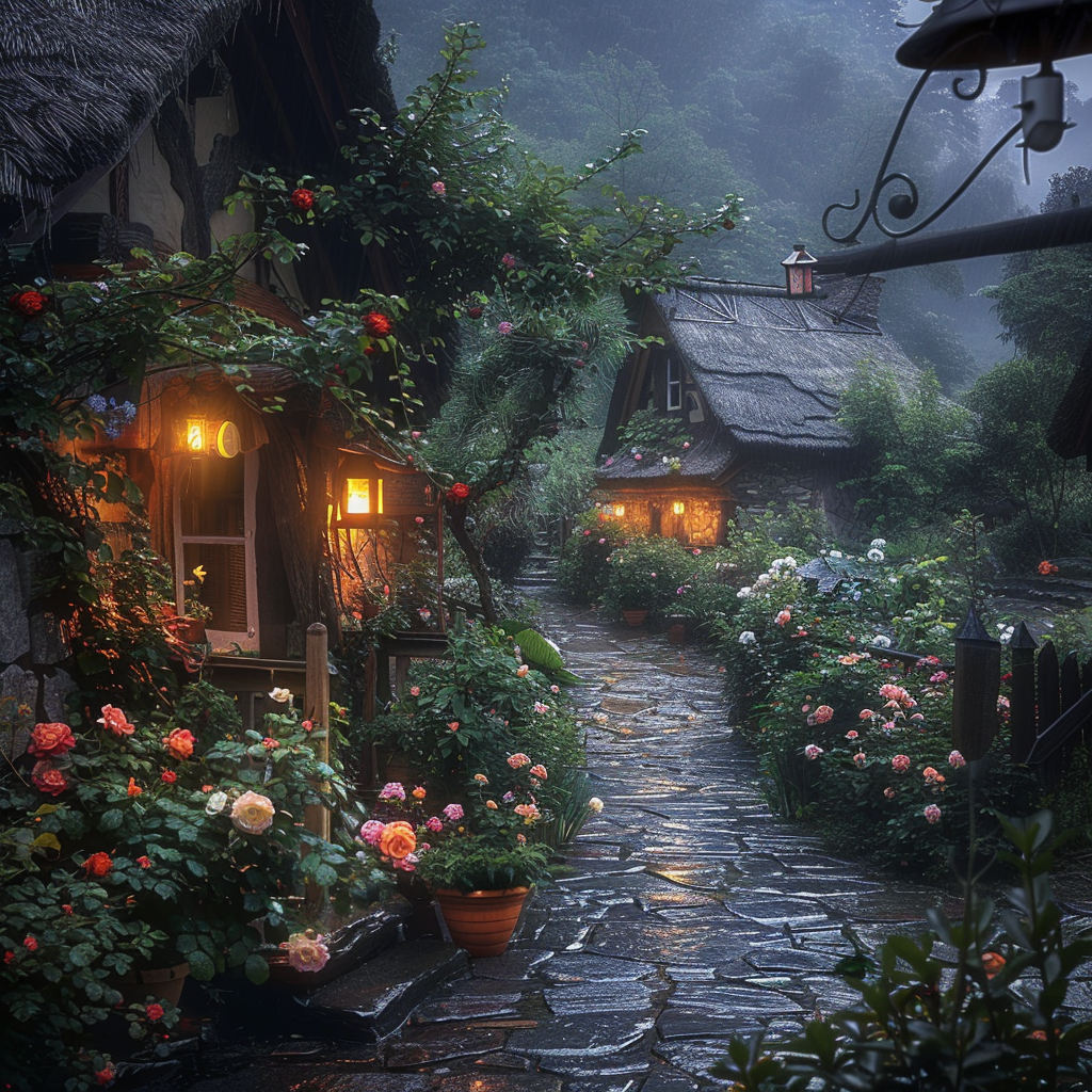 The small village in the mountains is full of roses, wildflowers and various flowers. There is an old thatched cottage with lights on inside. The stone road leads to the entrance, which reflects soft light from lanterns hanging outside. It had been raining heavily just now, but it had draped over everything like misty raindrops. A wideangle lens captures this beautiful scenery. This photo showcases exquisite details and high definition photography style in the style of impressionism.