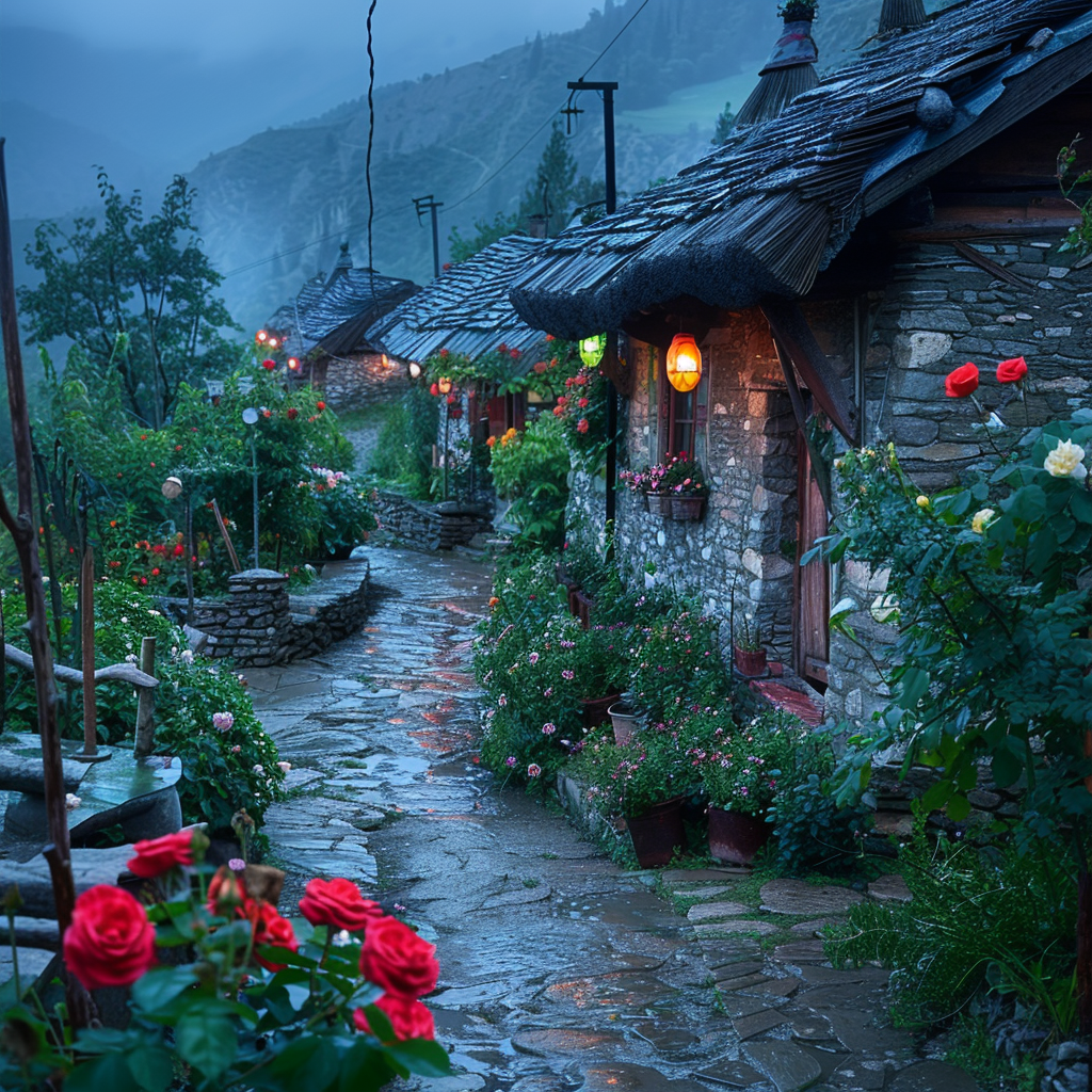 The small village in the mountains is full of roses, wildflowers and various flowers. There is an old thatched cottage with lights on inside. The stone road leads to the entrance, which reflects soft light from lanterns hanging outside. It had been raining heavily just now, but it had draped over everything like misty raindrops. A wideangle lens captures this beautiful scenery. This photo showcases exquisite details and high definition photography style in the style of impressionism.