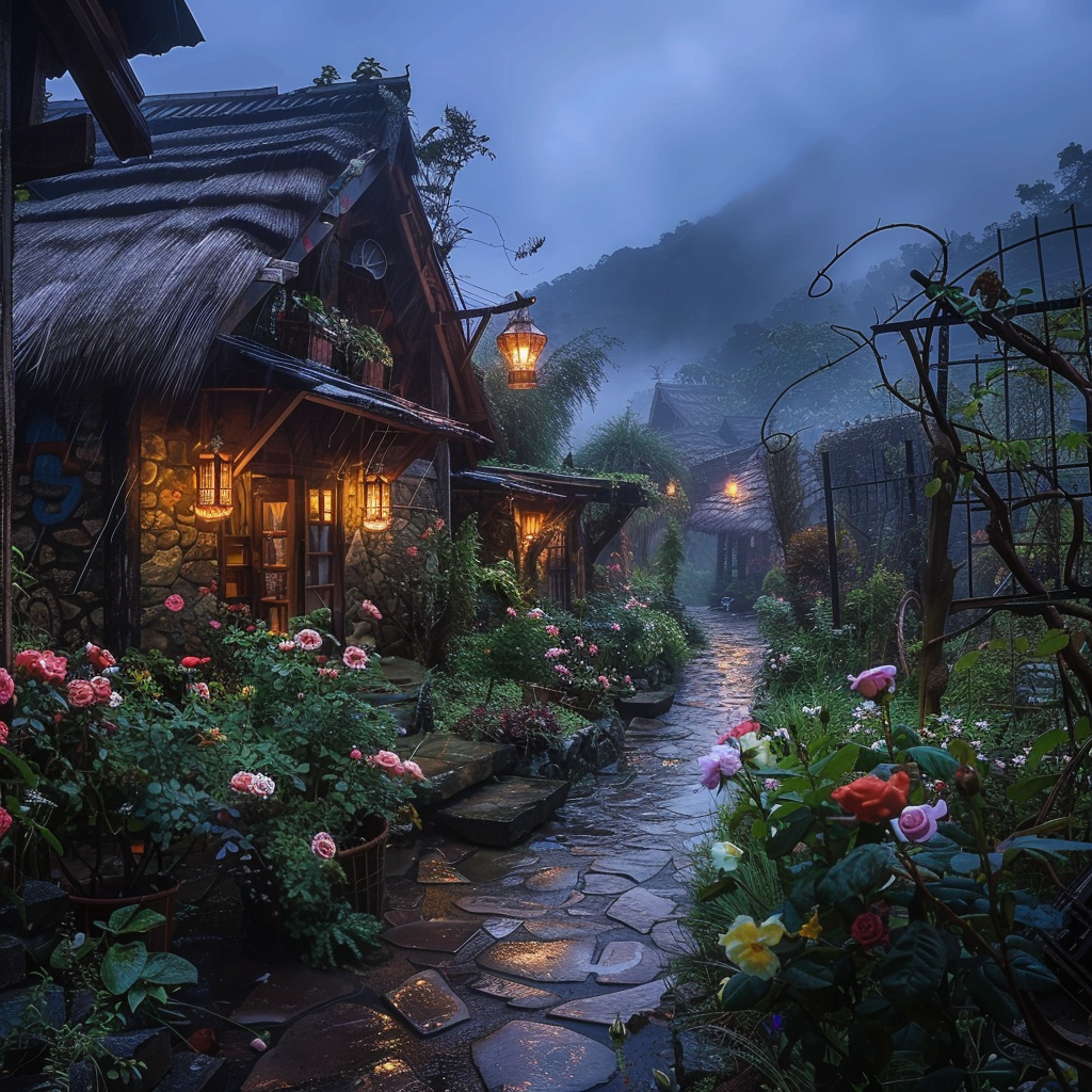 The small village in the mountains is full of roses, wildflowers and various flowers. There is an old thatched cottage with lights on inside. The stone road leads to the entrance, which reflects soft light from lanterns hanging outside. It had been raining heavily just now, but it had draped over everything like misty raindrops. A wideangle lens captures this beautiful scenery. This photo showcases exquisite details and high definition photography style in the style of impressionism.