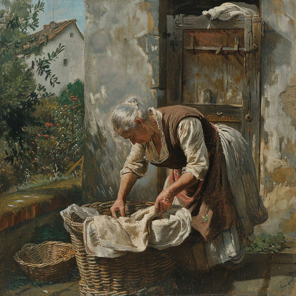An elderly woman doing her laundry in the summer, using the tone of Renaissance craft that has a thin aspect ratio.