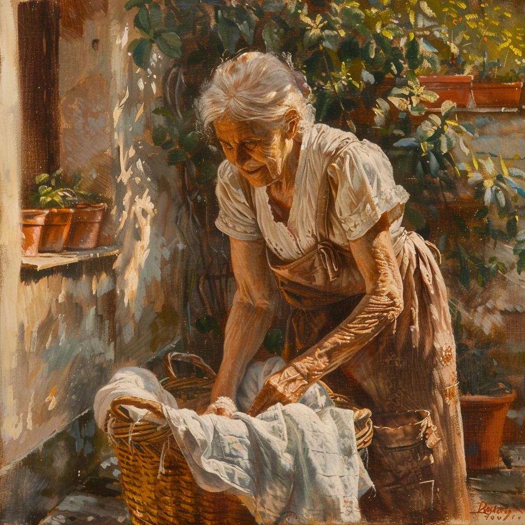 An elderly woman doing her laundry in the summer, using the tone of Renaissance craft that has a thin aspect ratio.