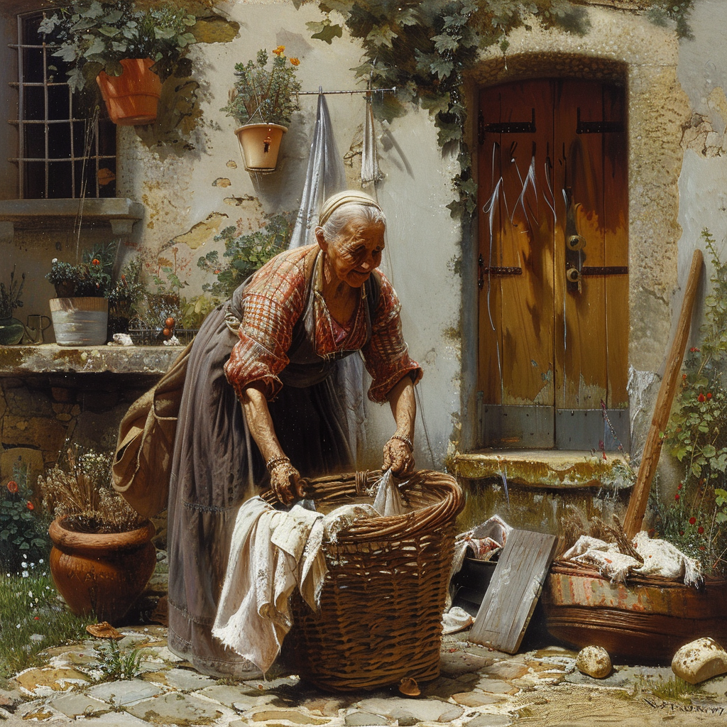 An elderly woman doing her laundry in the summer, using the tone of Renaissance craft that has a thin aspect ratio.