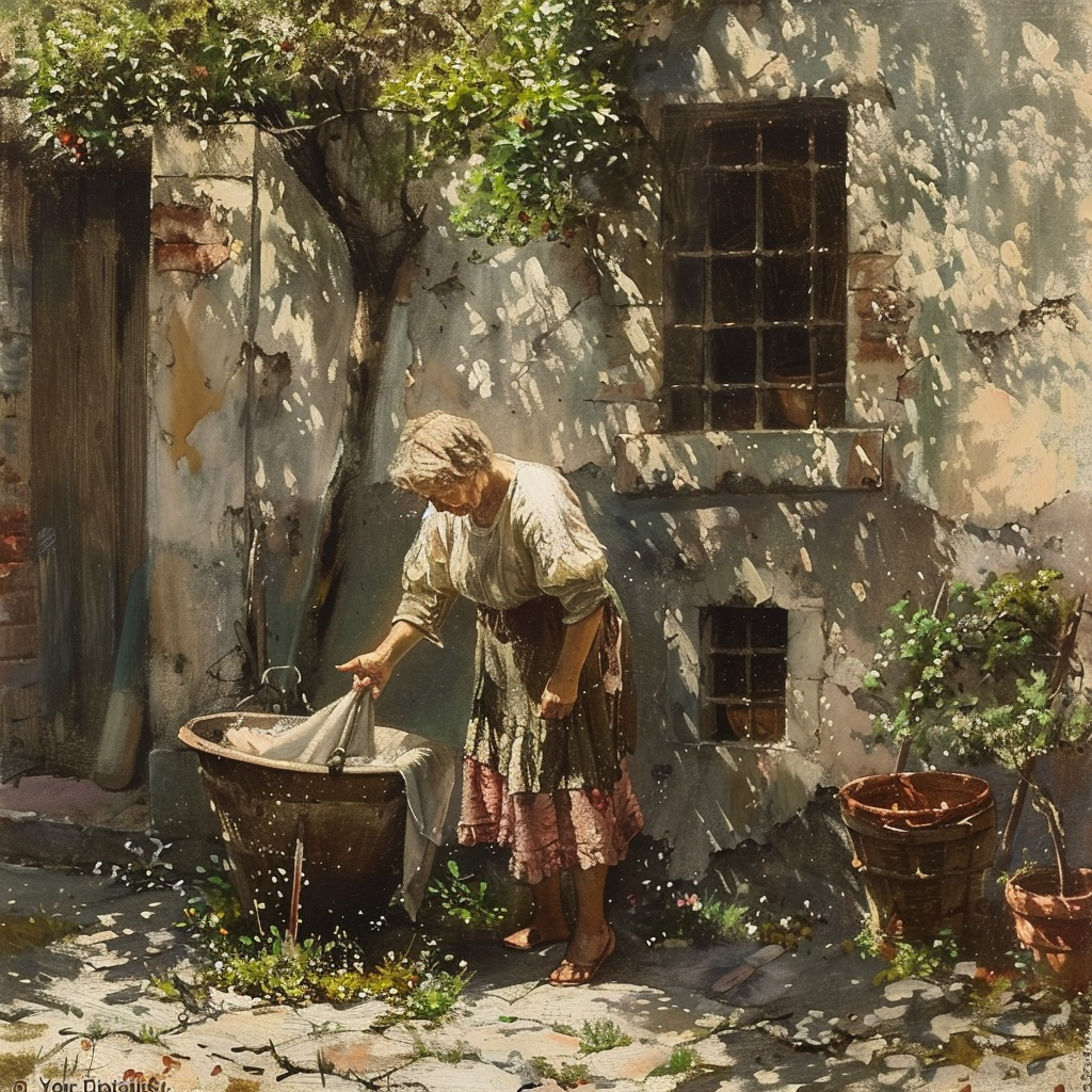 An elderly woman doing her laundry in the summer, using the tone of Renaissance craft that has a thin aspect ratio.