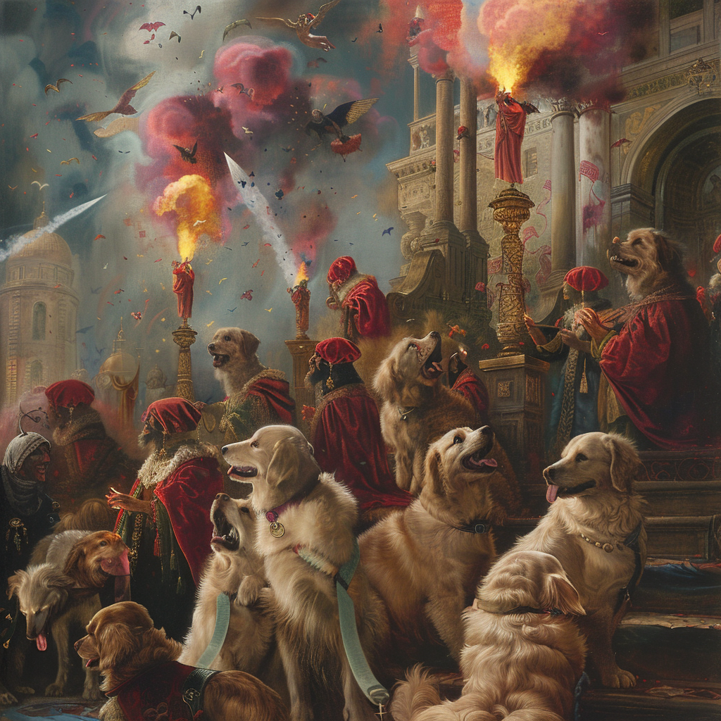 An unusual scene featuring a bunch of golden retriever dogs attending a rave that is themed after the Renaissance era.