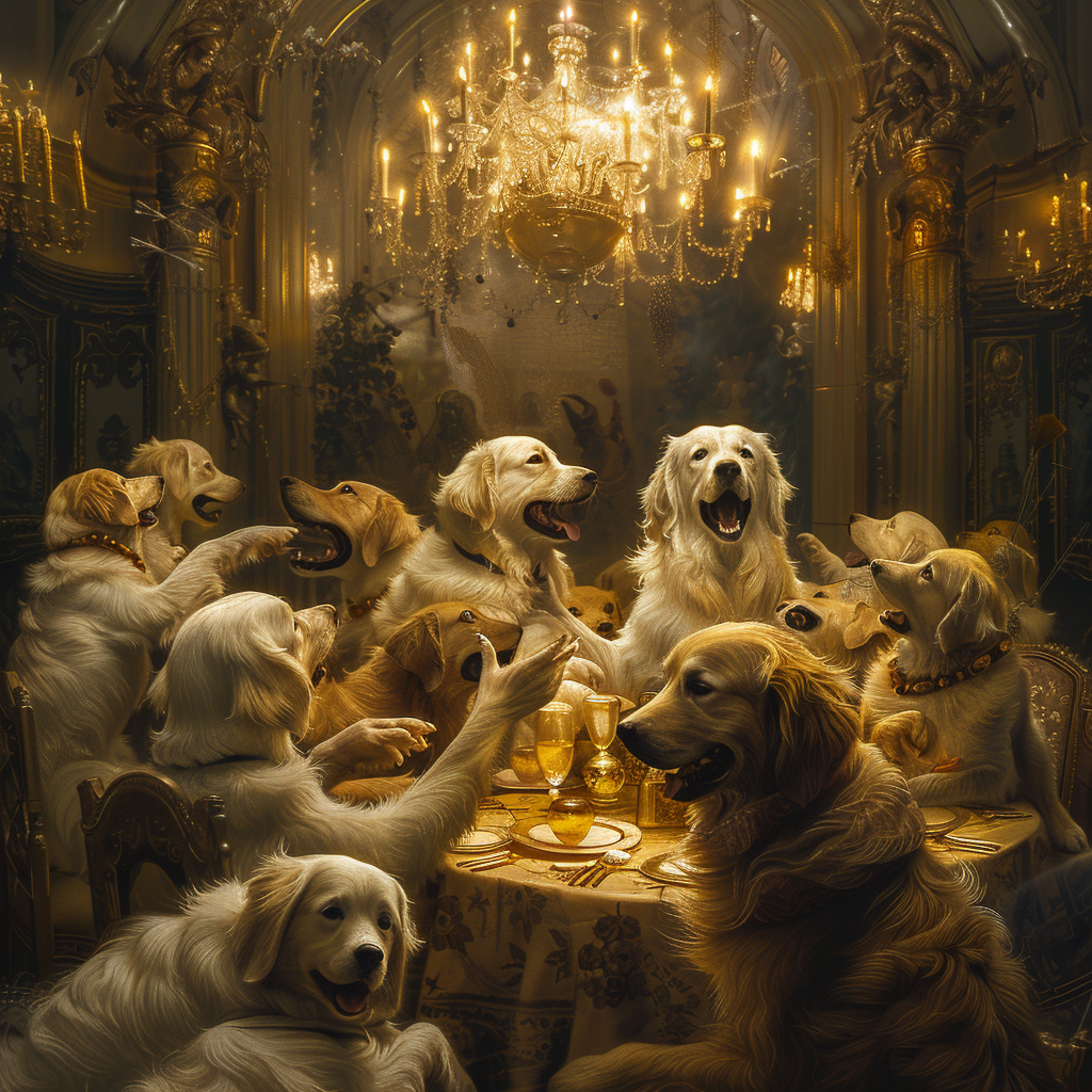 An unusual scene featuring a bunch of golden retriever dogs attending a rave that is themed after the Renaissance era.