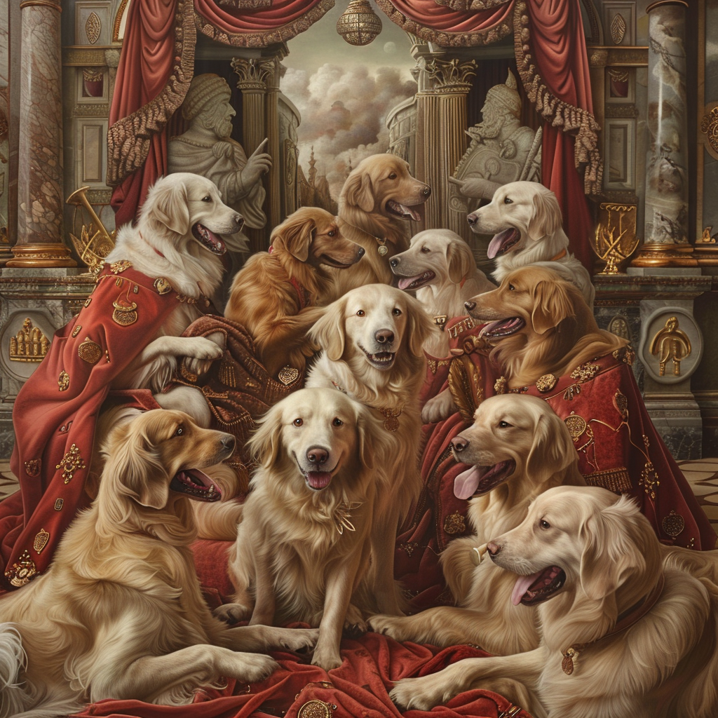 An unusual scene featuring a bunch of golden retriever dogs attending a rave that is themed after the Renaissance era.