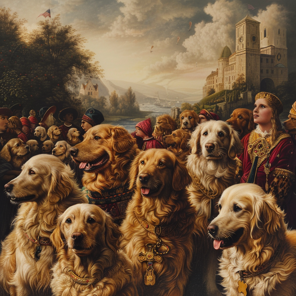 An unusual scene featuring a bunch of golden retriever dogs attending a rave that is themed after the Renaissance era.