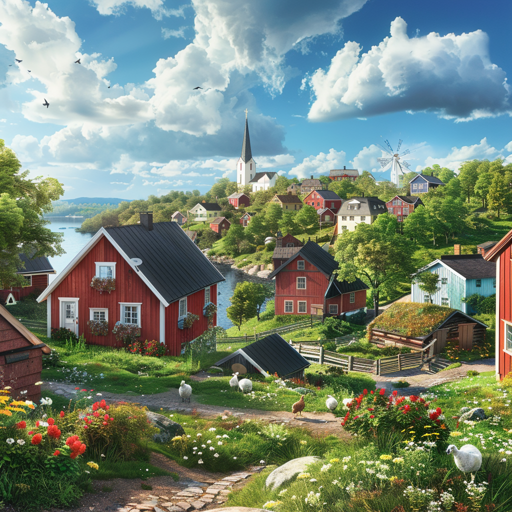 Generate a photorealistic image of a charming Swedish village nestled amidst rolling green hills. Traditional red wooden houses with white trim and vibrant flower boxes line winding cobblestone streets. A tall, white church steeple pierces the clear blue sky with fluffy clouds. A calm lake reflects the colorful scene, where a few sailboats rest on the water. A classic windmill with white sails stands on a hill, overlooking grazing sheep in lush meadows. Warm sunlight bathes the village in a peaceful glow, with a touch of storybook charm.