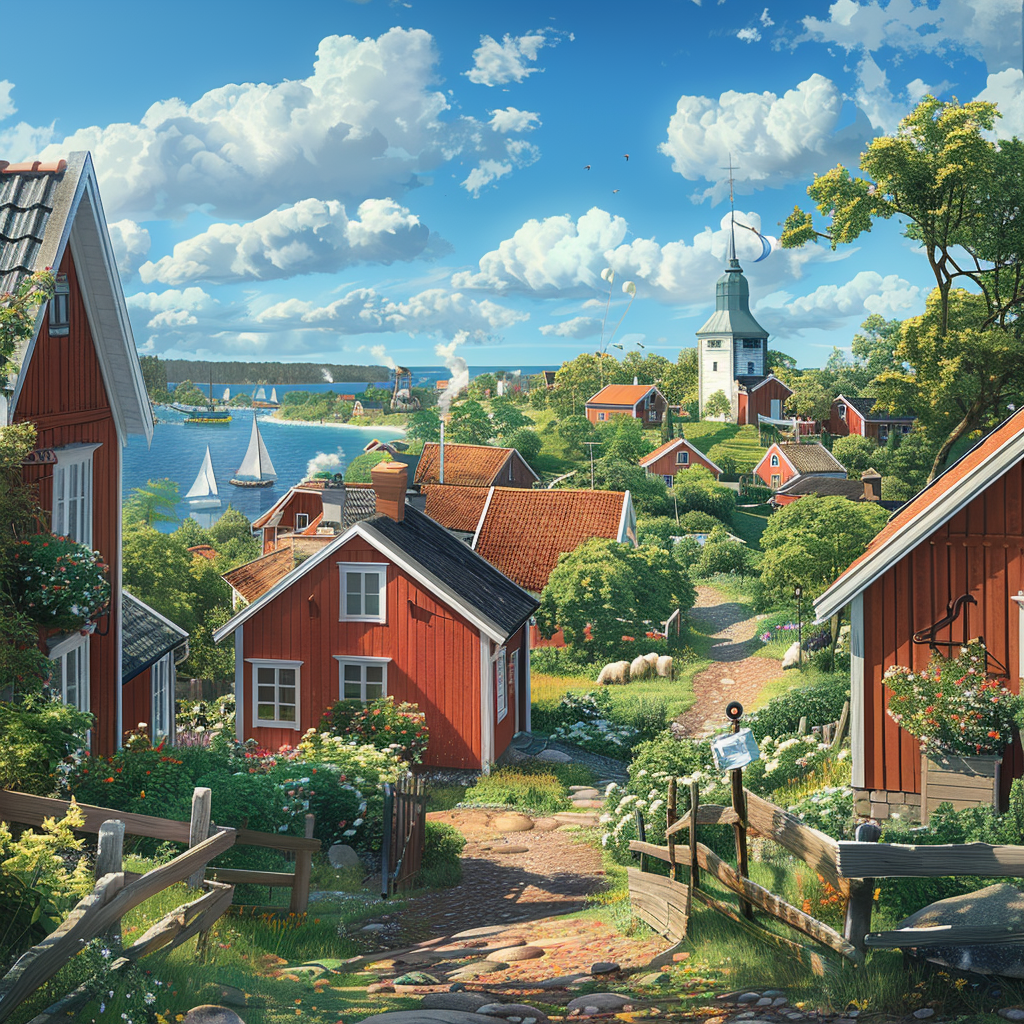 Generate a photorealistic image of a charming Swedish village nestled amidst rolling green hills. Traditional red wooden houses with white trim and vibrant flower boxes line winding cobblestone streets. A tall, white church steeple pierces the clear blue sky with fluffy clouds. A calm lake reflects the colorful scene, where a few sailboats rest on the water. A classic windmill with white sails stands on a hill, overlooking grazing sheep in lush meadows. Warm sunlight bathes the village in a peaceful glow, with a touch of storybook charm.