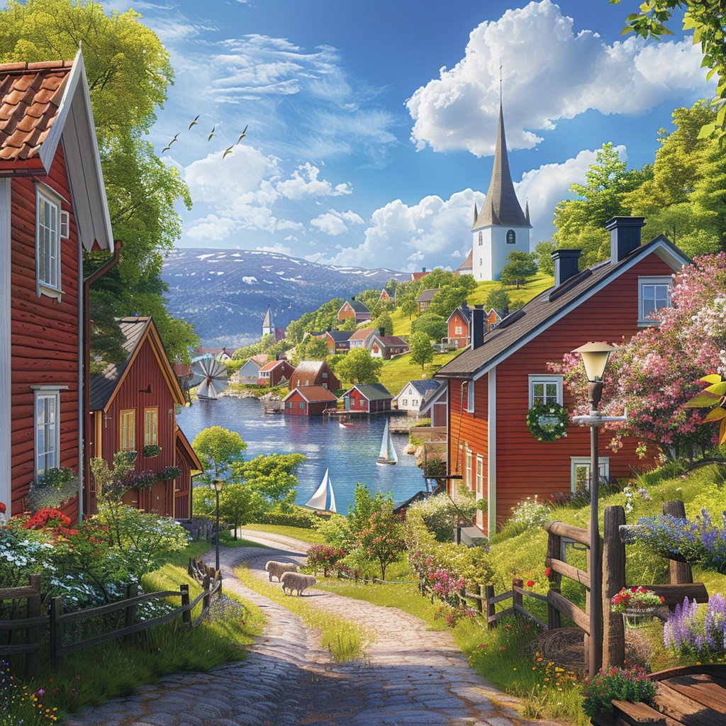 Generate a photorealistic image of a charming Swedish village nestled amidst rolling green hills. Traditional red wooden houses with white trim and vibrant flower boxes line winding cobblestone streets. A tall, white church steeple pierces the clear blue sky with fluffy clouds. A calm lake reflects the colorful scene, where a few sailboats rest on the water. A classic windmill with white sails stands on a hill, overlooking grazing sheep in lush meadows. Warm sunlight bathes the village in a peaceful glow, with a touch of storybook charm.