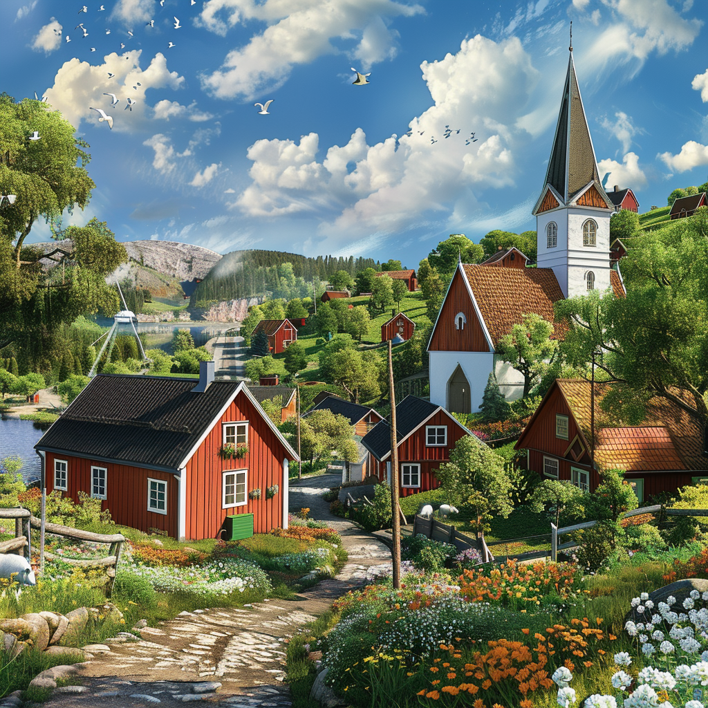 Generate a photorealistic image of a charming Swedish village nestled amidst rolling green hills. Traditional red wooden houses with white trim and vibrant flower boxes line winding cobblestone streets. A tall, white church steeple pierces the clear blue sky with fluffy clouds. A calm lake reflects the colorful scene, where a few sailboats rest on the water. A classic windmill with white sails stands on a hill, overlooking grazing sheep in lush meadows. Warm sunlight bathes the village in a peaceful glow, with a touch of storybook charm.