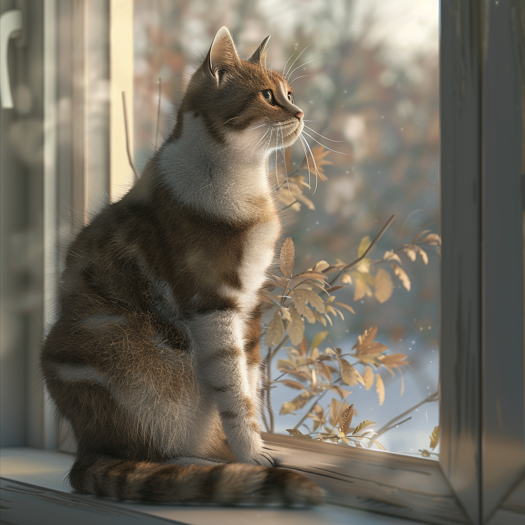 High-resolution 3D image of an elegant cat sitting on the windowsill.