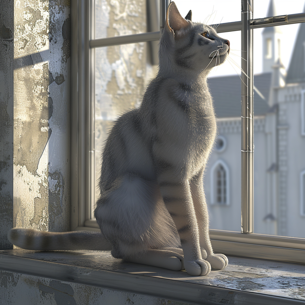 High-resolution 3D image of an elegant cat sitting on the windowsill.