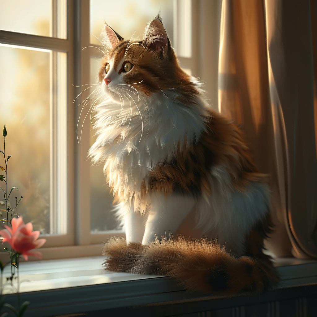 High-resolution 3D image of an elegant cat sitting on the windowsill.