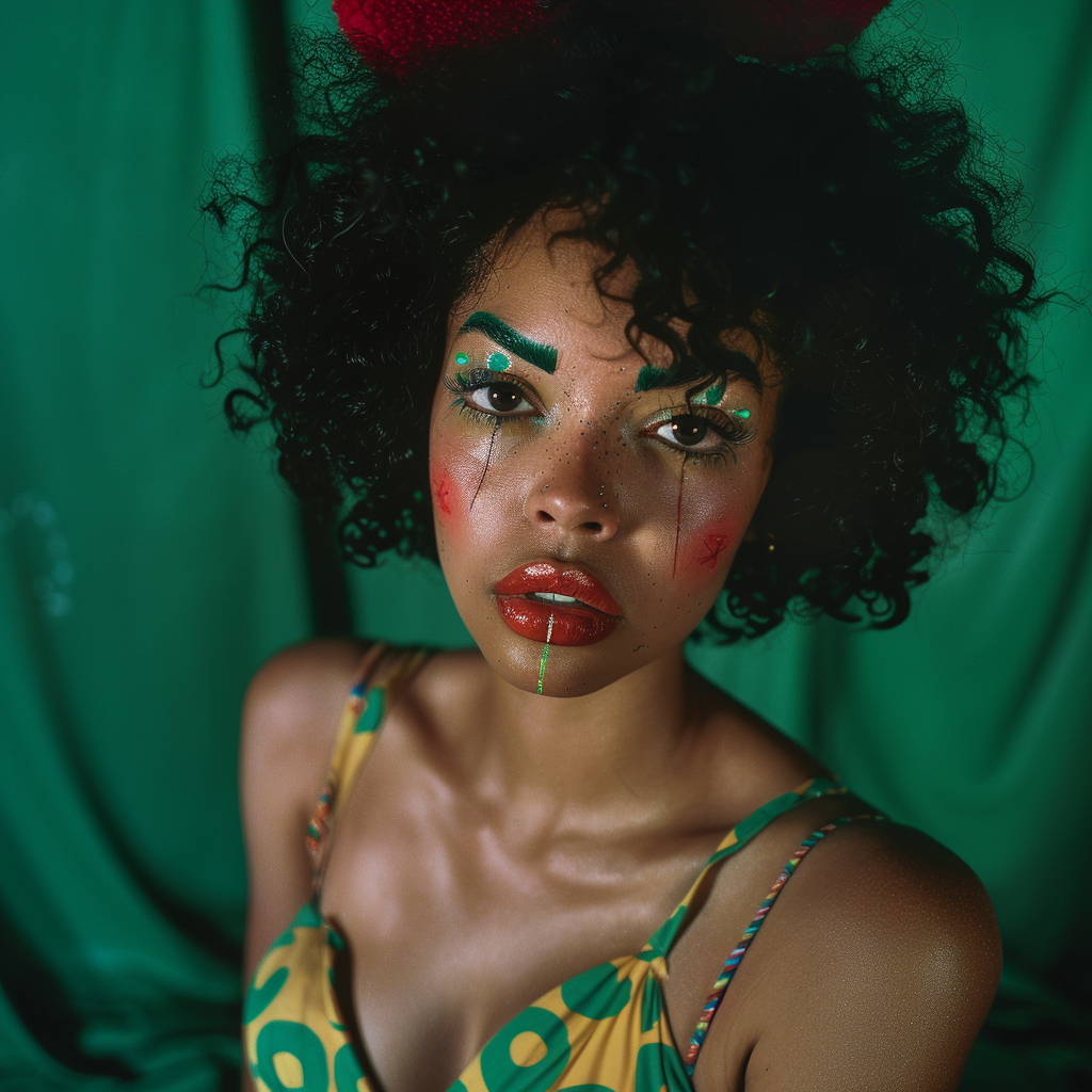 Shot using Hasselblad H6D400c of exotic juicy no smile. The background is bright Hunter Green, creating a striking contrast that highlights Glamour centerfold look. Hip Hop Exotic Mixed black race pin up models with ((1988's Hip Hop style)). Model poses in front of camera with circus clown makeup serious look. ((Light hazel eyes)). Contrast portrait and fine detail with high motion. Studio lighting. ((Print Ad)) | Billboard| Magazine. HD. 8K. Cinematic. Movie scene. Centered shot. Supermodel face. Full-body to head. dynamic scene. Front view. Motion Blur. --ar 2:3 --v 6