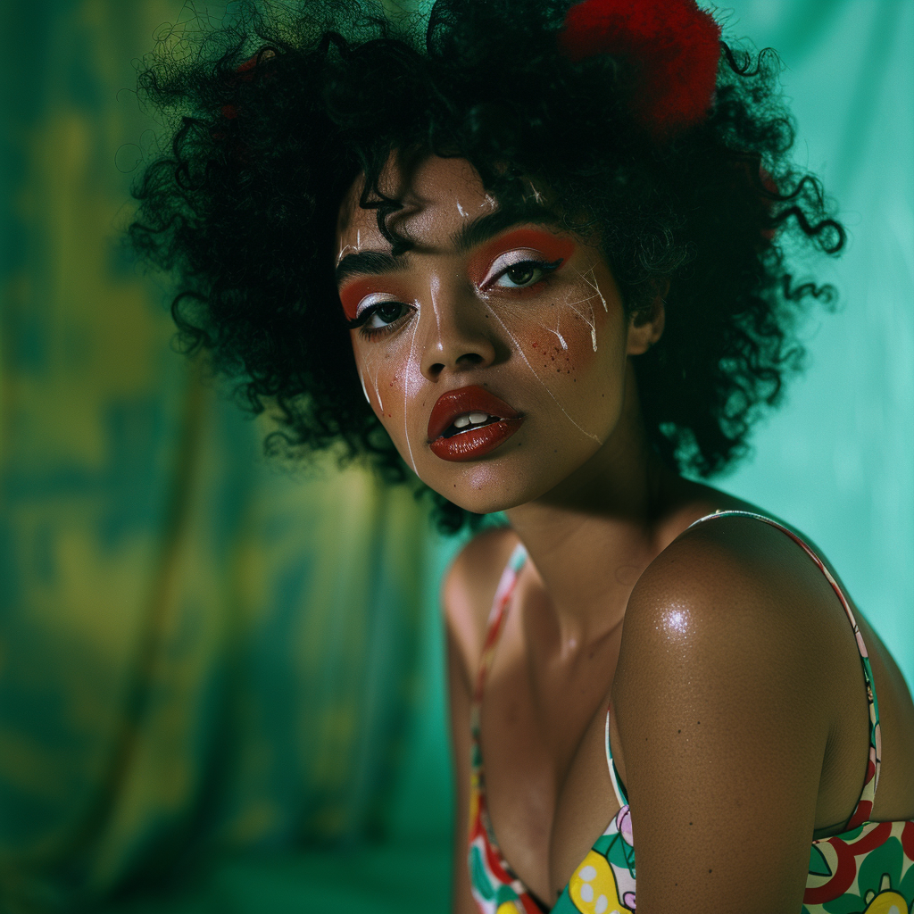 Shot using Hasselblad H6D400c of exotic juicy no smile. The background is bright Hunter Green, creating a striking contrast that highlights Glamour centerfold look. Hip Hop Exotic Mixed black race pin up models with ((1988's Hip Hop style)). Model poses in front of camera with circus clown makeup serious look. ((Light hazel eyes)). Contrast portrait and fine detail with high motion. Studio lighting. ((Print Ad)) | Billboard| Magazine. HD. 8K. Cinematic. Movie scene. Centered shot. Supermodel face. Full-body to head. dynamic scene. Front view. Motion Blur. --ar 2:3 --v 6