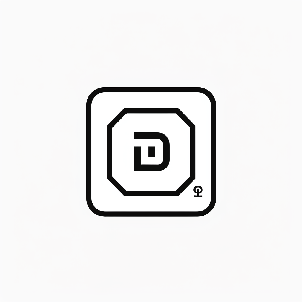 logo, minimalistic style logo of cube with white background and black symbol for company name 'iDorf', icon in the shape of an octagon that represents an augmented reality app on mobile phone, small circle inside big square, simple design