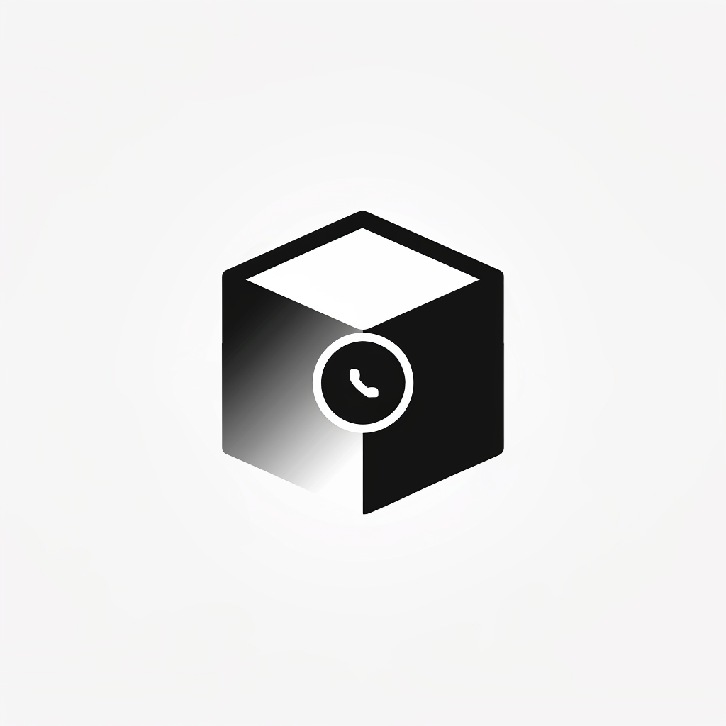 logo, minimalistic style logo of cube with white background and black symbol for company name 'iDorf', icon in the shape of an octagon that represents an augmented reality app on mobile phone, small circle inside big square, simple design