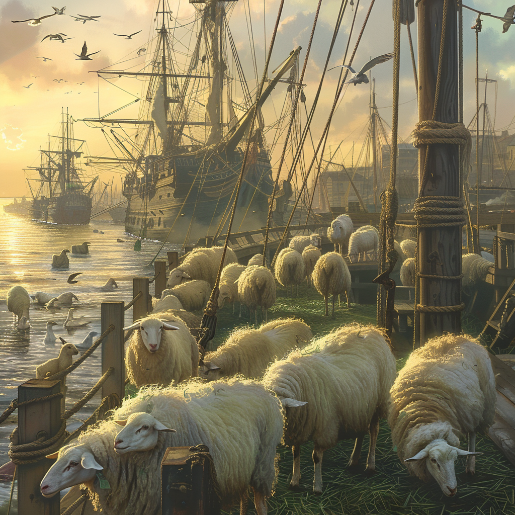 Imagine a bustling harbor at sunrise, with a large, majestic wooden ship docked at the pier. The ship's deck is filled with fluffy white sheep peacefully grazing on fresh green grass that has been laid out for them. Some sheep lean over the railing, their woolly bodies illuminated by the soft, golden light of dawn. Seagulls circle overhead, adding to the serene maritime scene. In the background, silhouettes of other ships and distant shores can be seen, shrouded in the early morning mist. The tranquil atmosphere is punctuated by the gentle lapping of the waves against the pier. The image evokes a sense of calmness and pastoral beauty in the midst of a maritime setting.


Style: Realistic
Mood: Serene, pastoral
Lighting: Soft, golden light of dawn
Composition: Focus on the ship loaded with sheep, background of other ships and distant shores
Colors: Green grass, white sheep, golden light, blue sea
Emotions: Tranquility, peacefulness


--v 6 --ar 3:2