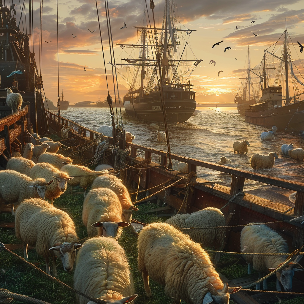 Imagine a bustling harbor at sunrise, with a large, majestic wooden ship docked at the pier. The ship's deck is filled with fluffy white sheep peacefully grazing on fresh green grass that has been laid out for them. Some sheep lean over the railing, their woolly bodies illuminated by the soft, golden light of dawn. Seagulls circle overhead, adding to the serene maritime scene. In the background, silhouettes of other ships and distant shores can be seen, shrouded in the early morning mist. The tranquil atmosphere is punctuated by the gentle lapping of the waves against the pier. The image evokes a sense of calmness and pastoral beauty in the midst of a maritime setting.


Style: Realistic
Mood: Serene, pastoral
Lighting: Soft, golden light of dawn
Composition: Focus on the ship loaded with sheep, background of other ships and distant shores
Colors: Green grass, white sheep, golden light, blue sea
Emotions: Tranquility, peacefulness


--v 6 --ar 3:2