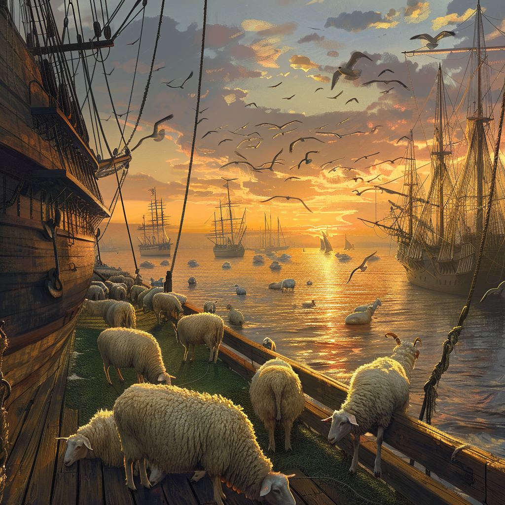 Imagine a bustling harbor at sunrise, with a large, majestic wooden ship docked at the pier. The ship's deck is filled with fluffy white sheep peacefully grazing on fresh green grass that has been laid out for them. Some sheep lean over the railing, their woolly bodies illuminated by the soft, golden light of dawn. Seagulls circle overhead, adding to the serene maritime scene. In the background, silhouettes of other ships and distant shores can be seen, shrouded in the early morning mist. The tranquil atmosphere is punctuated by the gentle lapping of the waves against the pier. The image evokes a sense of calmness and pastoral beauty in the midst of a maritime setting.


Style: Realistic
Mood: Serene, pastoral
Lighting: Soft, golden light of dawn
Composition: Focus on the ship loaded with sheep, background of other ships and distant shores
Colors: Green grass, white sheep, golden light, blue sea
Emotions: Tranquility, peacefulness


--v 6 --ar 3:2