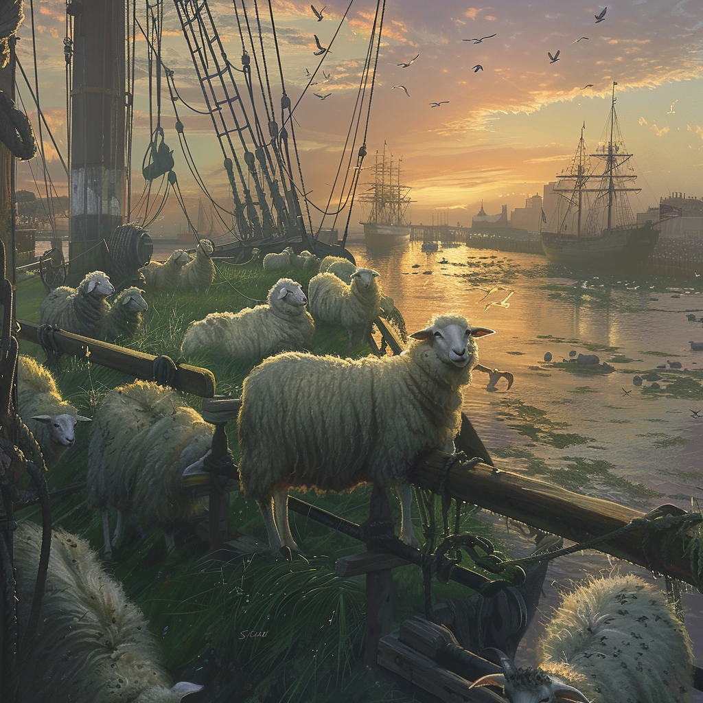 Imagine a bustling harbor at sunrise, with a large, majestic wooden ship docked at the pier. The ship's deck is filled with fluffy white sheep peacefully grazing on fresh green grass that has been laid out for them. Some sheep lean over the railing, their woolly bodies illuminated by the soft, golden light of dawn. Seagulls circle overhead, adding to the serene maritime scene. In the background, silhouettes of other ships and distant shores can be seen, shrouded in the early morning mist. The tranquil atmosphere is punctuated by the gentle lapping of the waves against the pier. The image evokes a sense of calmness and pastoral beauty in the midst of a maritime setting.


Style: Realistic
Mood: Serene, pastoral
Lighting: Soft, golden light of dawn
Composition: Focus on the ship loaded with sheep, background of other ships and distant shores
Colors: Green grass, white sheep, golden light, blue sea
Emotions: Tranquility, peacefulness


--v 6 --ar 3:2