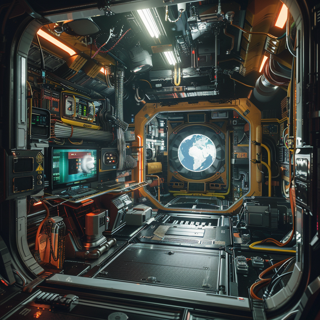 A modern space station with cinematic lighting, jewel tones, and extreme photorealism is shown.
