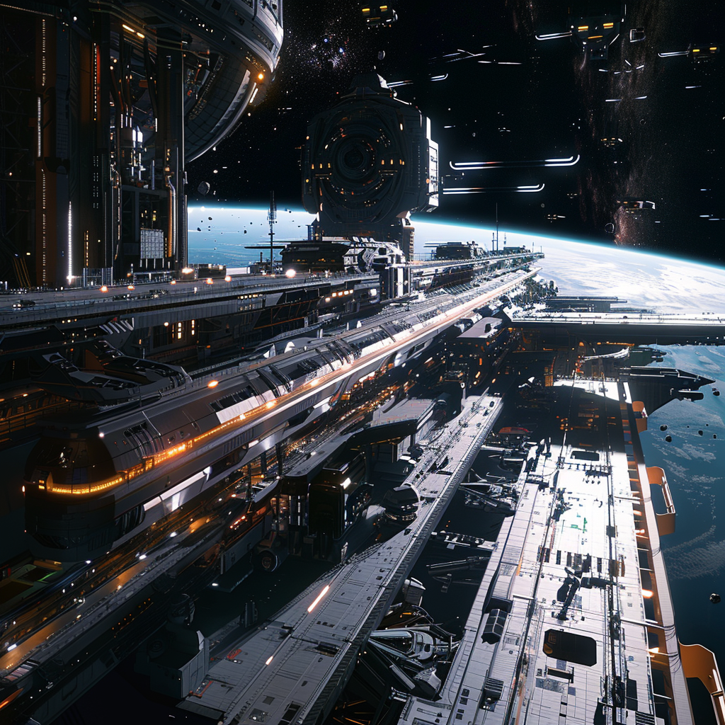 A modern space station with cinematic lighting, jewel tones, and extreme photorealism is shown.