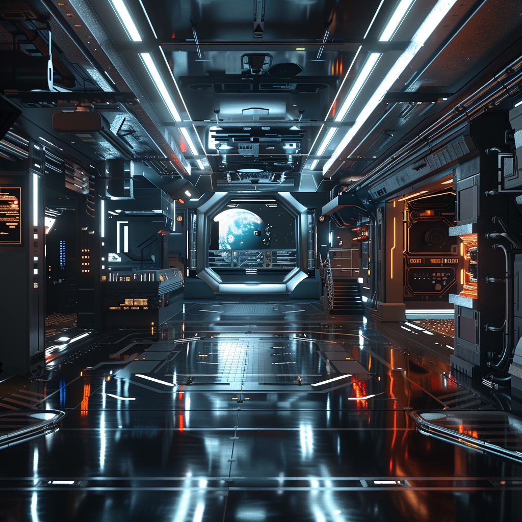 A modern space station with cinematic lighting, jewel tones, and extreme photorealism is shown.