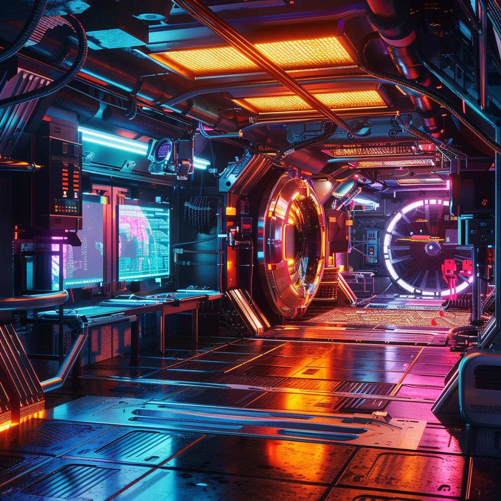 A modern space station with cinematic lighting, jewel tones, and extreme photorealism is shown.