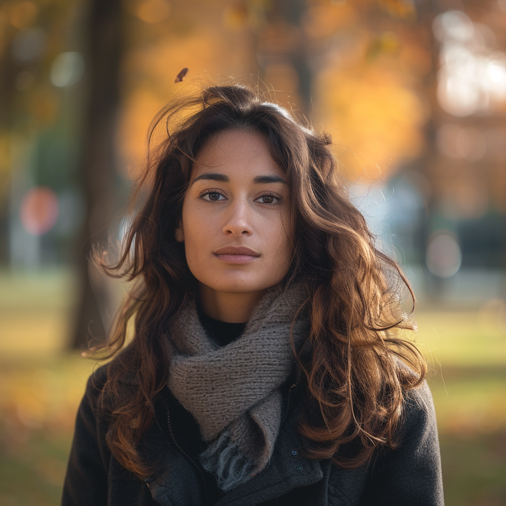 a portrait of a woman in a park ,Sony α7 III camera with a 85mm lens at F 1.2 aperture setting to blur the background and isolate the subject. The image should be shot in high resolution and in a 1:1 aspect ratio with photorealism mode on to create an ultra-realistic image that captures the subject’s natural beauty and personality