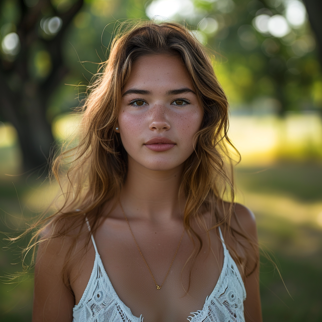 a portrait of a woman in a park ,Sony α7 III camera with a 85mm lens at F 1.2 aperture setting to blur the background and isolate the subject. The image should be shot in high resolution and in a 1:1 aspect ratio with photorealism mode on to create an ultra-realistic image that captures the subject’s natural beauty and personality