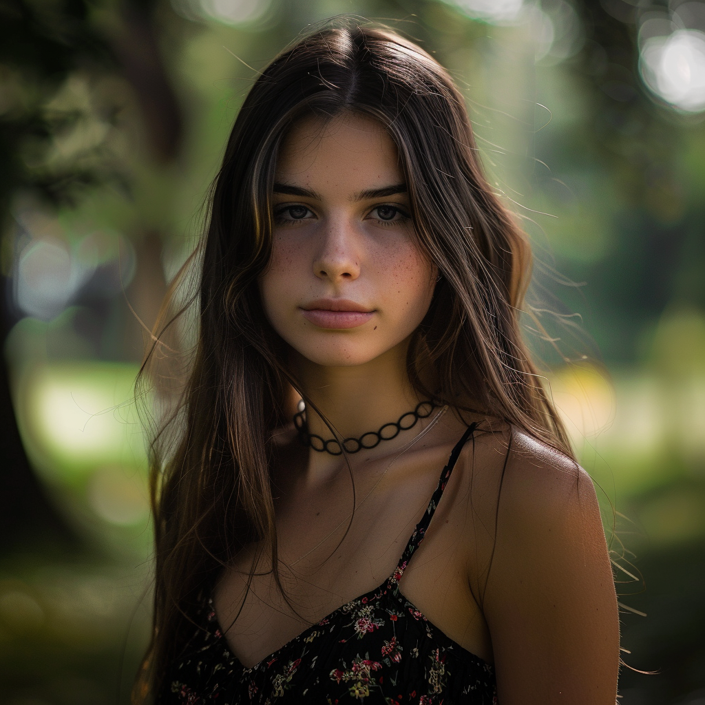 a portrait of a woman in a park ,Sony α7 III camera with a 85mm lens at F 1.2 aperture setting to blur the background and isolate the subject. The image should be shot in high resolution and in a 1:1 aspect ratio with photorealism mode on to create an ultra-realistic image that captures the subject’s natural beauty and personality