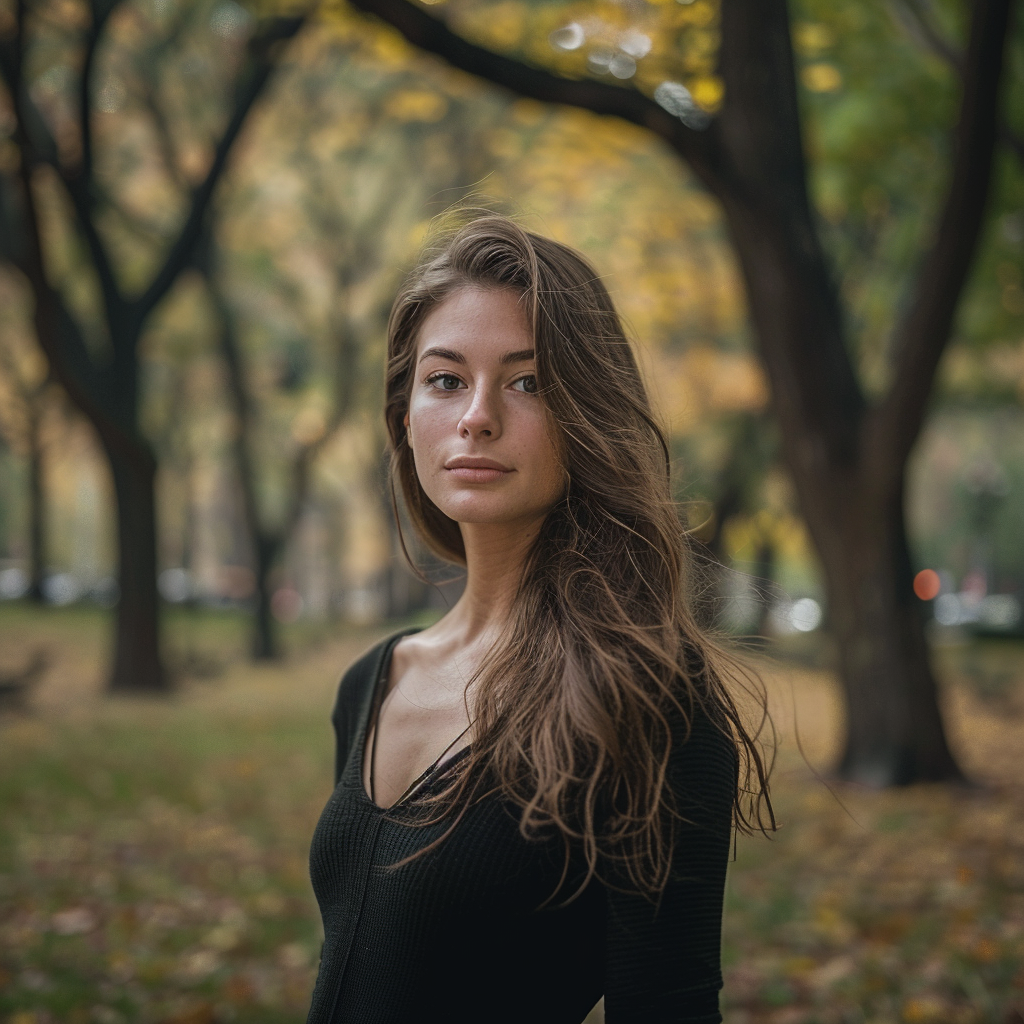 a portrait of a woman in a park ,Sony α7 III camera with a 85mm lens at F 1.2 aperture setting to blur the background and isolate the subject. The image should be shot in high resolution and in a 1:1 aspect ratio with photorealism mode on to create an ultra-realistic image that captures the subject’s natural beauty and personality