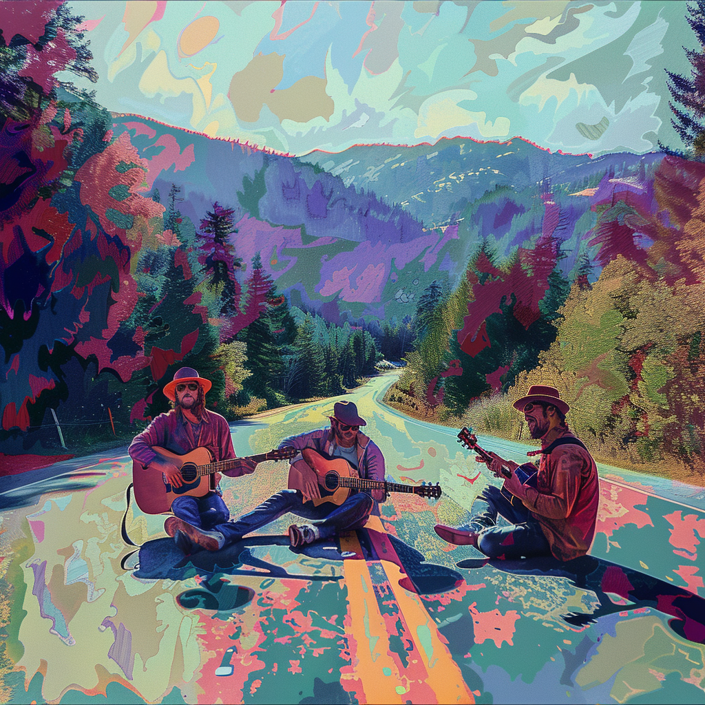 A prompt for a photograph with three pals playing harmony on the road similar to Pop Art style.