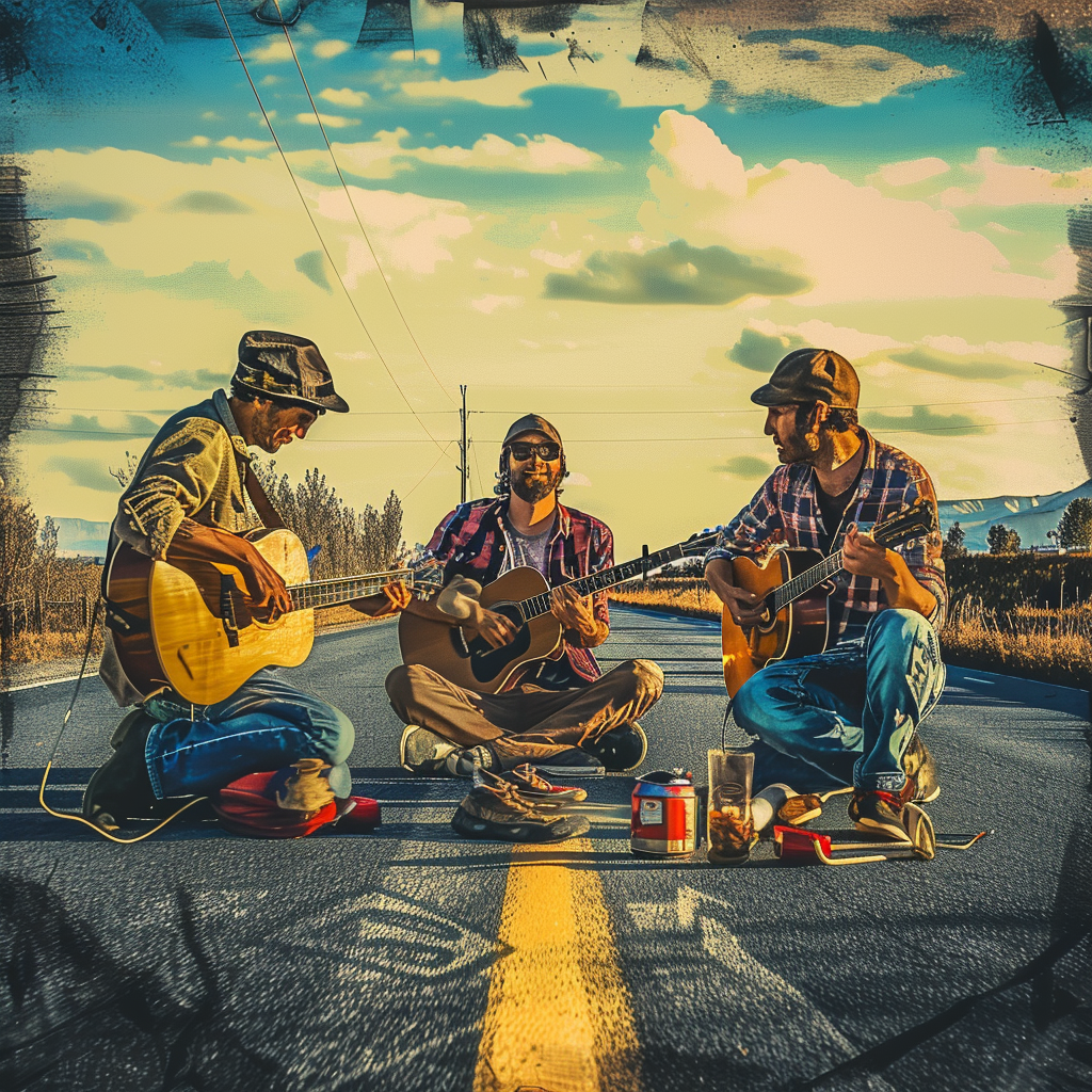 A prompt for a photograph with three pals playing harmony on the road similar to Pop Art style.