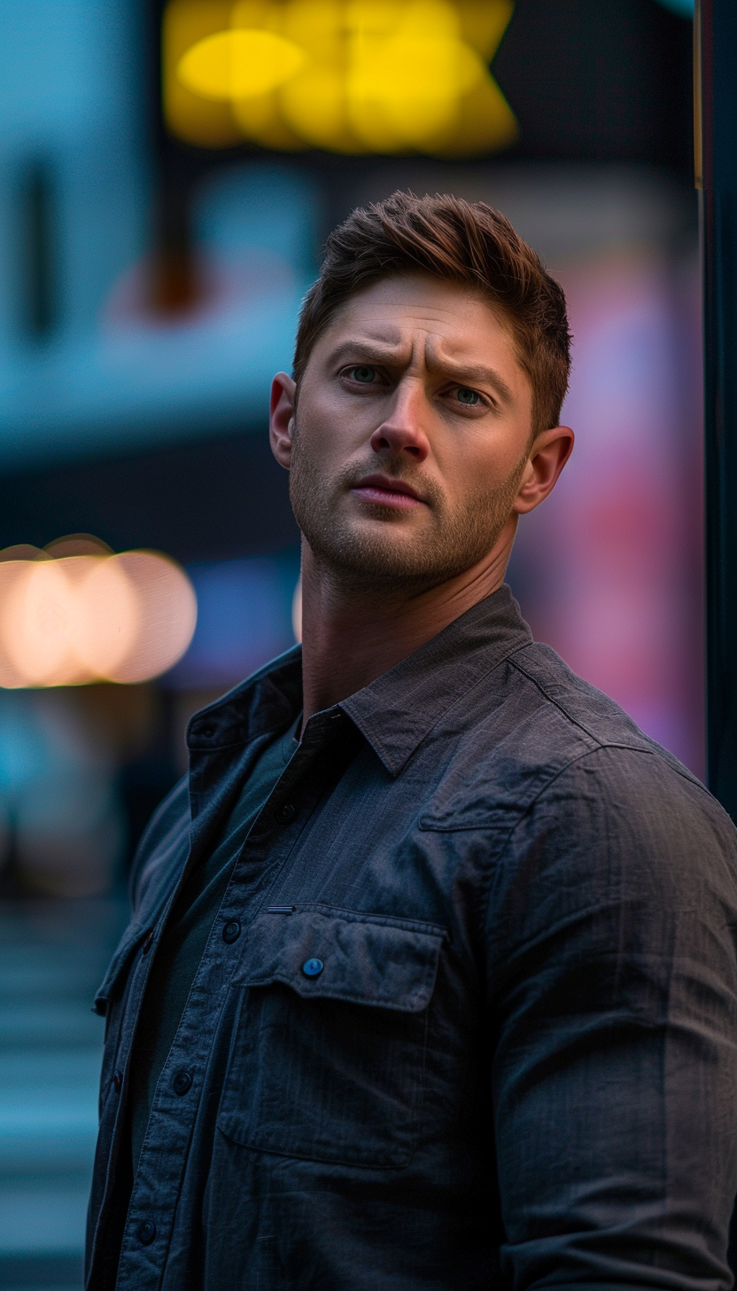 a portrait of a portrait of a portrait of a man in a blue suit ,Sony α7 III camera with a 85mm lens at F 1.2 aperture setting to blur the background and isolate the subject. The image should be shot in high resolution and in a 1:1 aspect ratio with photorealism mode on to create an ultra-realistic image that captures the subject’s natural beauty and personality --cref https://upload.wikimedia.org/wikipedia/en/4/45/Jensen_Ackles_as_Dean_Winchester.png