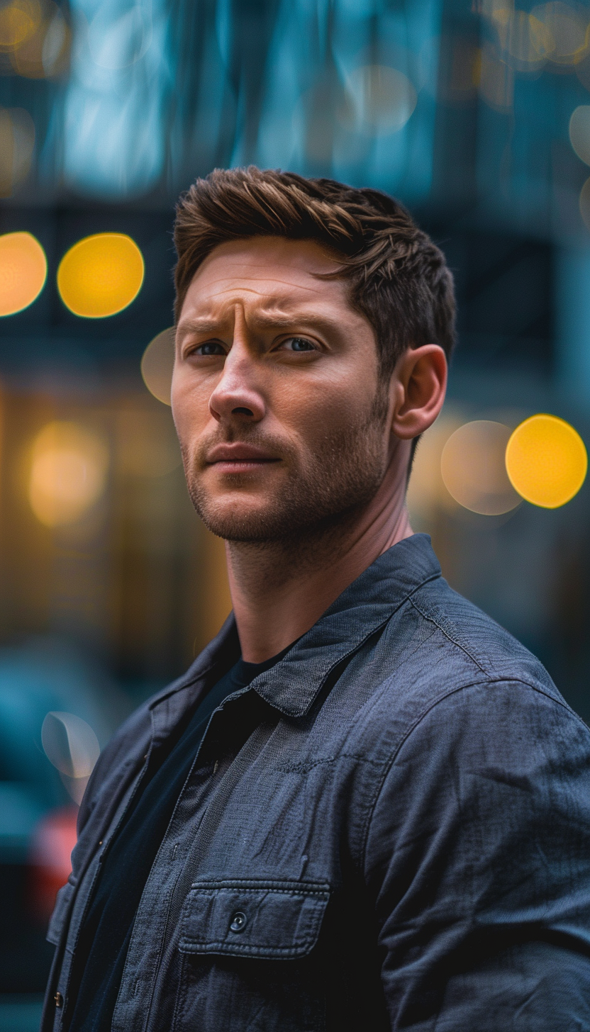 a portrait of a portrait of a portrait of a man in a blue suit ,Sony α7 III camera with a 85mm lens at F 1.2 aperture setting to blur the background and isolate the subject. The image should be shot in high resolution and in a 1:1 aspect ratio with photorealism mode on to create an ultra-realistic image that captures the subject’s natural beauty and personality --cref https://upload.wikimedia.org/wikipedia/en/4/45/Jensen_Ackles_as_Dean_Winchester.png