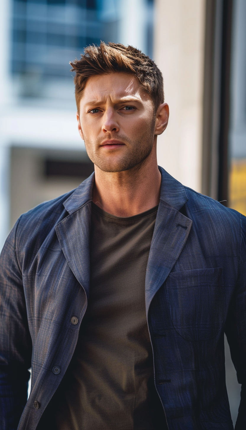 a portrait of a portrait of a portrait of a man in a blue suit ,Sony α7 III camera with a 85mm lens at F 1.2 aperture setting to blur the background and isolate the subject. The image should be shot in high resolution and in a 1:1 aspect ratio with photorealism mode on to create an ultra-realistic image that captures the subject’s natural beauty and personality --cref https://upload.wikimedia.org/wikipedia/en/4/45/Jensen_Ackles_as_Dean_Winchester.png