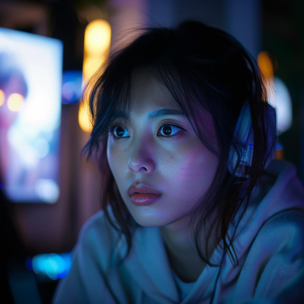 a portrait of a 28 years old asian girl streaming some video game on twitch ,Sony α7 III camera with a 85mm lens at F 1.2 aperture setting to blur the background and isolate the subject. The image should be shot in high resolution and in a 1:1 aspect ratio with photorealism mode on to create an ultra-realistic image that captures the subject’s natural beauty and personality