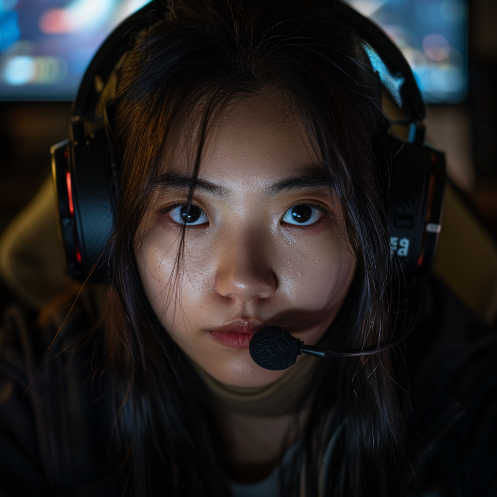 a portrait of a 28 years old asian girl streaming some video game on twitch ,Sony α7 III camera with a 85mm lens at F 1.2 aperture setting to blur the background and isolate the subject. The image should be shot in high resolution and in a 1:1 aspect ratio with photorealism mode on to create an ultra-realistic image that captures the subject’s natural beauty and personality