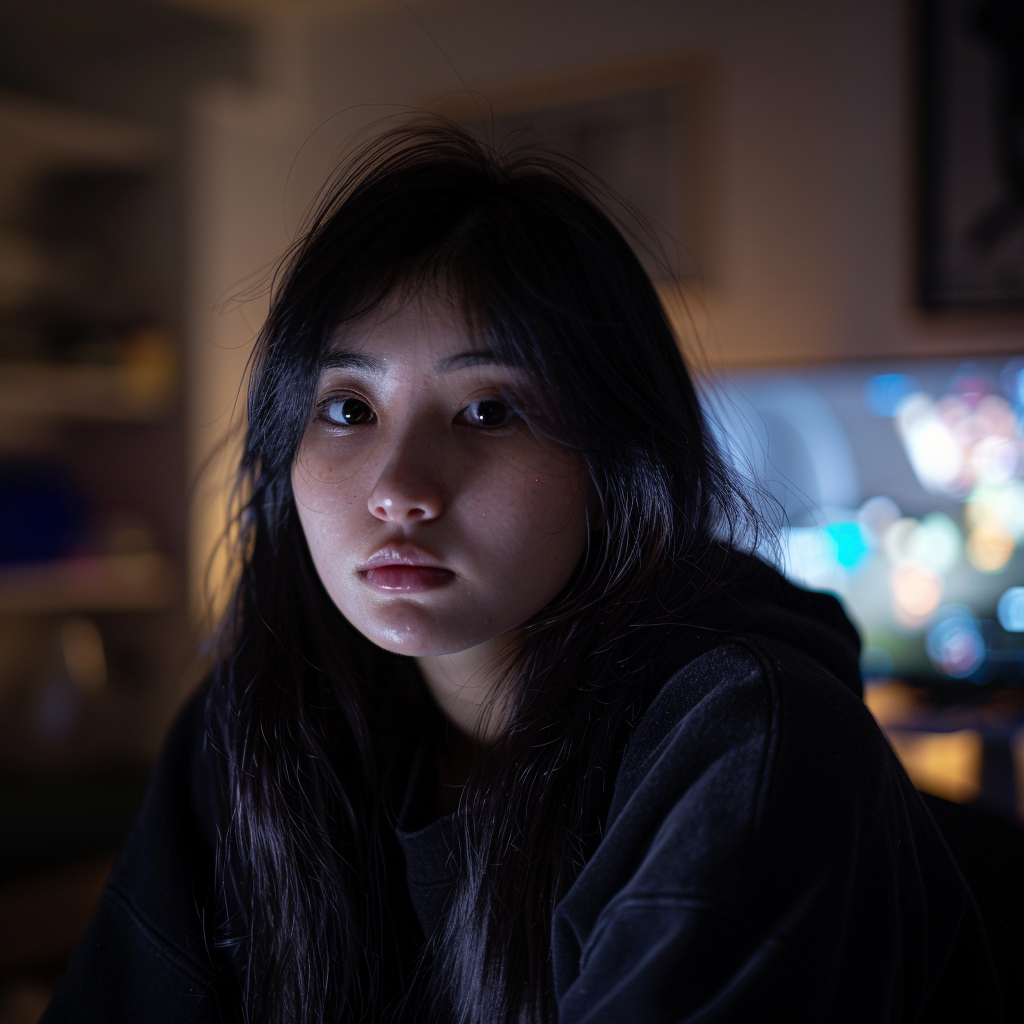 a portrait of a 28 years old asian girl streaming some video game on twitch ,Sony α7 III camera with a 85mm lens at F 1.2 aperture setting to blur the background and isolate the subject. The image should be shot in high resolution and in a 1:1 aspect ratio with photorealism mode on to create an ultra-realistic image that captures the subject’s natural beauty and personality