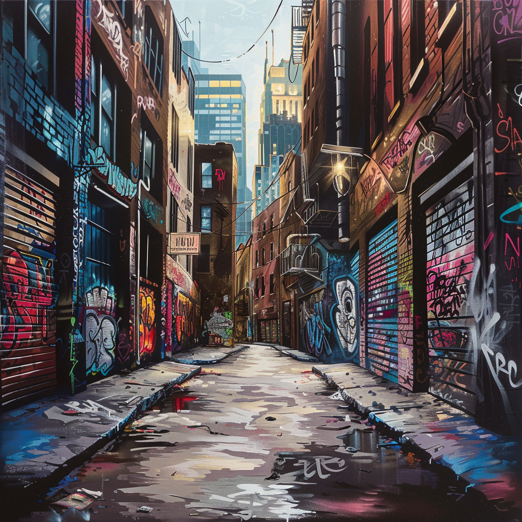 An urban street with graffiti-style painting with textured surfaces.