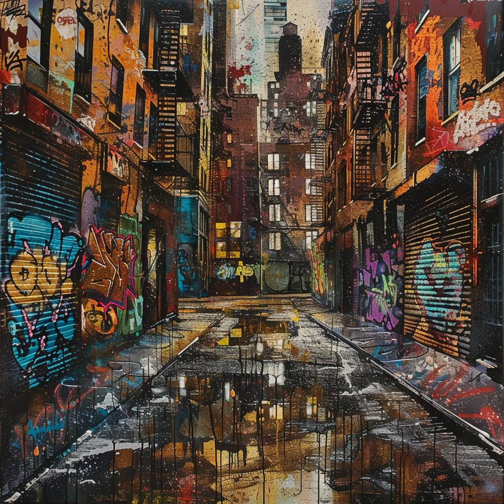 An urban street with graffiti-style painting with textured surfaces.