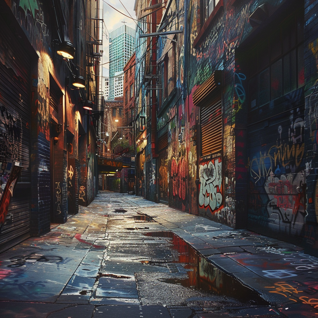 An urban street with graffiti-style painting with textured surfaces.