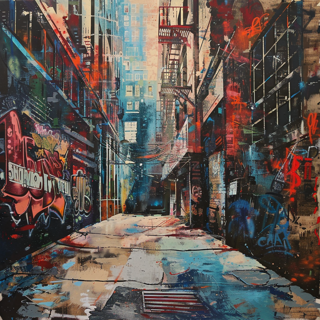 An urban street with graffiti-style painting with textured surfaces.